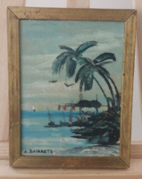 (K) marked landscape painting beach with palm trees 21x27 cm frame