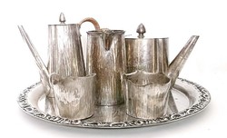 Silver-plated, large tea and coffee serving set on a tray with ears decorated with thonett braiding