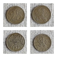 Csehszlovákia 25 heller , 1933 , és 50 Heller 1921 , pénz , érme , 2 darab