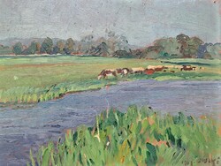 Béla Juzkó oil painting, 1903 - grazing cows in the field