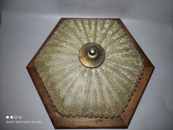 Glass ceiling lamp wall lamp on a wooden base with gold glittering shavings in the glass of the bura