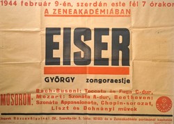 György Eiser's piano concert - poster from 1944 - Jewish pianist, Judaica - Rózsavölgy publishing house