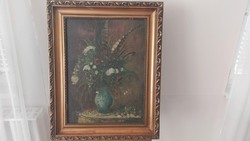 (K) old flower still life painting 62x77 cm with frame