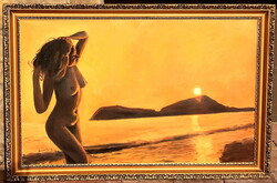 Large female nude with sunset, framed: 81 x 122 cm, oil on canvas