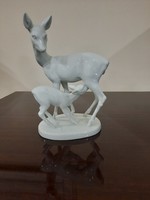 White Herend porcelain deer with its kid, deer figure