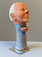 Géza Jeszenszky, a caricature-like portrait ceramic sculpture of a politician and public figure