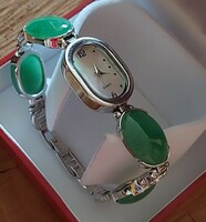 Special silver wristwatch, jewelry watch with aventurine and crystal stones