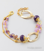 Jewelry set, double-row bracelet, with amethyst stones and purple crystals, earrings with amethyst stone