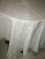 Beautiful antique tulip madeira white damask tablecloth with lace edge