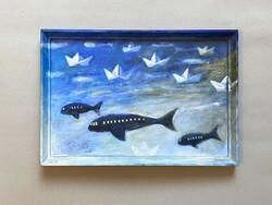 The work of the painter Pál Szalay (1953-2015) ships whales oil on wood fiber painting 42 x 29 cm