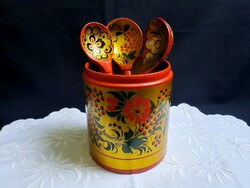 Old hand-painted, lacquered, Russian wooden spoon holder + 3 spoons