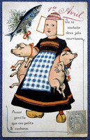 Antique graphic greeting litho postcard - little girl pigs fish April 1.