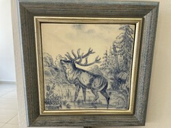 Zsolnay porcelain hunting scene historicizing tile deer wall picture pehm gábor wall decoration