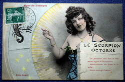 Antique colored photo postcard horoscope - lady cancer zodiac sign