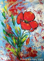 Work of a miller with red flowers - acrylic painting