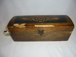 Old wooden box with embroidered leather or artificial leather decoration - to be renovated