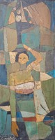 Balinese woman with a basket on her head - huge cubist oil painting