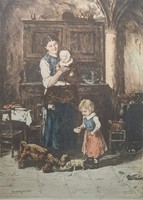 After Mihály Munkácsy: two families in the kitchen - etching by József Koruz