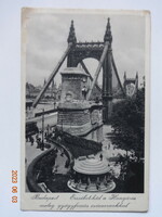 Régi képeslap:  Budapest, Erzsébet-híd, Hungária meleg gyógyforrás ivócsarnokkal (1932)