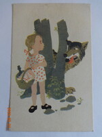 Old graphic greeting card - Little Red Riding Hood and the Wolf - drawing by Magda Bognár