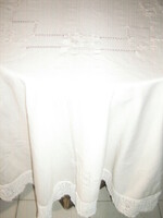 Beautiful elegant hand crocheted wide white lace edge embroidered azure ecru tablecloth