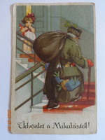 Régi, antik grafikus üdvözlő képeslap - Üdvözlet a Mikulástól (1923)