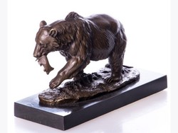 Bear with fish. Bronze statue marked Milo, on a marble base.