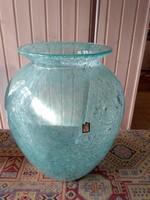 Világos türkizkék karcagi fátyolüveg váza   30 cm, RITKA!!!! gyűjtői darab
