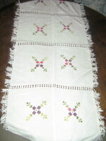 Beautiful hand-embroidered cross-stitch floral azure fringed runner tablecloth