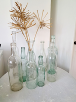 10 darab retró, vintage régi üveg, palack együtt, átlátszó és halvány zöld