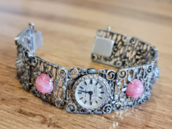 A particularly beautiful silver jewelry watch with rhodonite