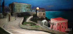 Csontváry full moon over Taormina, 1901, reprint print of painting, pink villa, beach