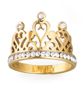 Golden royal crown ring, made of medical grade metal, decorated with white crystals all around.