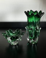 Bohemia  Cseh zöld kristály váza és hamutál