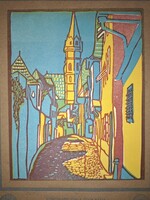 Gyula Kosztolányi(-kann): ancient houses, colorful linocuts in the modern Hungarian picture library