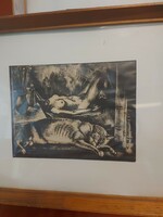 József Menyhárt, 2 linocuts, passe-partout, in a glazed frame, dimensions indicated on the pictures!