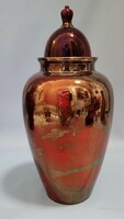 Antik Zsolnay ökörvér, piros, márványos eozin mázas fedeles váza