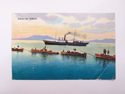 Régi képeslap 1927 Balaton halászok gőzhajó