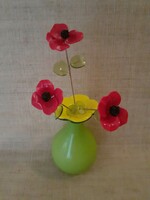 Old double village glass vase with a bouquet of Murano glass poppies inside