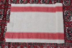 Régi zsák vászon anyag , házi szőttes lenvászon , piros dupla csík anyagában mintás 240 x 55 cm II.