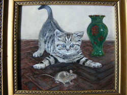Kitten cat chasing the mouse oil painting