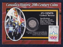 Kanada 20. századi történelme jávorszarvas 25 cent 1977 + Montréal olimpia bélyeg  (id48154)