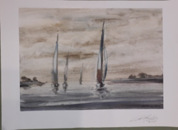 György Balázs, sailboats, watercolor painting
