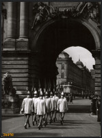 Larger size, photo art work by István Szendrő. Budapest, Buda Castle, marching crown guards, one