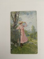 Fashion clothing, costume postcard, antique clothing, countryside, beautiful lady, hat, romance