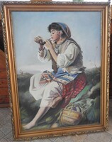 Ferenc Barcsai - gypsy girl smoking a pipe - signed oil / canvas painting - large size