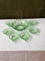 Old art deco glass compote set in uranium green color.