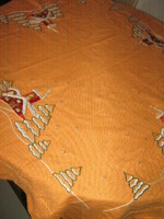 Beautiful antique Christmas-winter hand-embroidered orange tablecloth