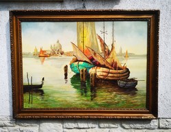 Antique Venetian oil painting skyline landscape, gondola Saint Mark's Square, sea