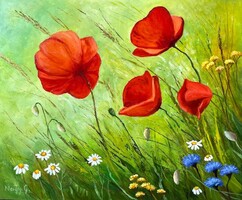 Large gabriella field flowers with poppies 25x30cm